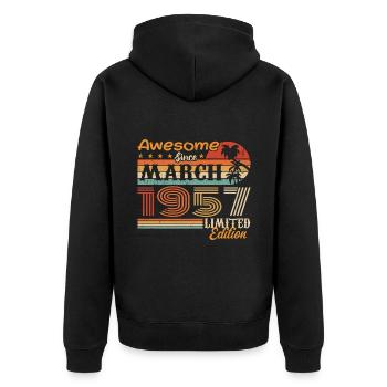 März 1957 Jahrgang 1957 Retro Geburtstagsgeschenk - Unisex Premium Bio Zip Hoodie - Schwarz - Hinten - Nico (187cm)