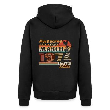 March 1974 Vintage 1974 Retro Birthday Gift - Unisex Premium Organic Zip Hoodie - black - Back - Nico (187cm)