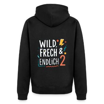 Wild, Frech & Endlich 2 Jahre 2. Geburtstag - Unisex Premium Bio Zip Hoodie - Schwarz - Hinten - Nico (187cm)