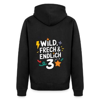 Wild, Frech & Endlich 3 Jahre 3. Geburtstag - Unisex Premium Bio Zip Hoodie - Schwarz - Hinten - Nico (187cm)