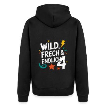 Wild, Cheeky & Finally 4 Years 4th Birthday - Unisex Premium Organic Zip Hoodie - black - Back - Nico (187cm)