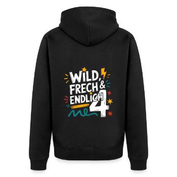 Wild, Cheeky & Finally 4 Years 4th Birthday - Unisex Premium Organic Zip Hoodie - black - Back - Nico (187cm)