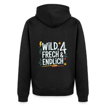 Wild, Cheeky & Finally 4 Years 4th Birthday - Unisex Premium Organic Zip Hoodie - black - Back - Nico (187cm)