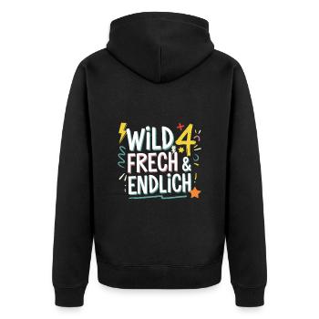 Wild, Cheeky & Finally 4 Years 4th Birthday - Unisex Premium Organic Zip Hoodie - black - Back - Nico (187cm)