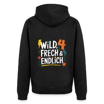 Wild, Cheeky & Finally 4 Years 4th Birthday - Unisex Premium Organic Zip Hoodie - black - Back - Nico (187cm)