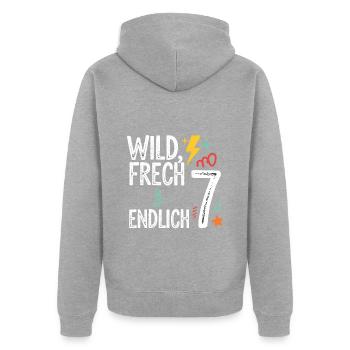 Wild, Cheeky & Finally 7 Years 7th Birthday - Unisex Premium Organic Zip Hoodie - heather grey - Back - Nico (187cm)