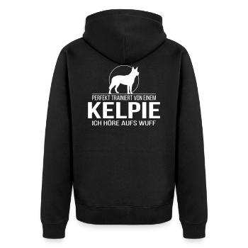 KELPIE ich höre aufs wuff - Unisex Premium Bio Zip Hoodie - Schwarz - Hinten - Nico (187cm)