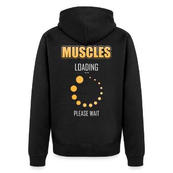 Muskeln laden bitte warten Lustiger Sport Spruch - Unisex Premium Bio Zip Hoodie - Schwarz - Hinten - Nico (187cm)
