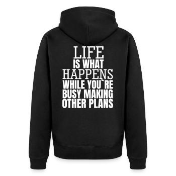 living is what happens while you make plans - Unisex Premium Organic Zip Hoodie - black - Back - Nico (187cm)