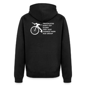 Triathleten werden nicht älter - Unisex Premium Bio Zip Hoodie - Schwarz - Hinten - Nico (187cm)
