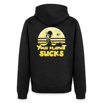 Funny Alien T-Shirt - Unisex Premium Organic Zip Hoodie - black - Back - Nico (187cm)