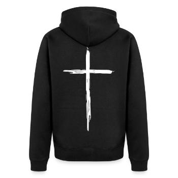 Kreuz - Jesus liebt uns - Unisex Premium Bio Zip Hoodie - Schwarz - Hinten - Nico (187cm)