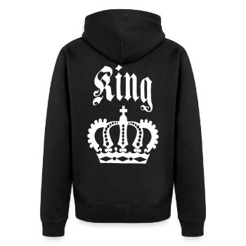 KING & QUEEN Krone Partnerlook - Unisex Premium Bio Zip Hoodie - Schwarz - Hinten - Nico (187cm)