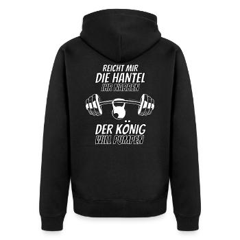 Reicht mir die Hantel Gym Bodybuilder Spruch König - Unisex Premium Bio Zip Hoodie - Schwarz - Hinten - Nico (187cm)
