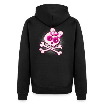 Cooles Totenkopf T-Shirt mit gekreuzten Knochen - Unisex Premium Bio Zip Hoodie - Schwarz - Hinten - Nico (187cm)