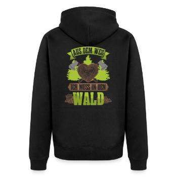 Aus dem Weg ich muss in den Wald-Holzfäller Spruch - Unisex Premium Bio Zip Hoodie - Schwarz - Hinten - Nico (187cm)