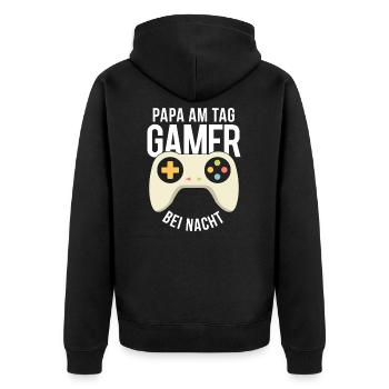 Papa am Tag Gamer bei Nacht Zocker Gaming Vater - Unisex Premium Bio Zip Hoodie - Schwarz - Hinten - Nico (187cm)