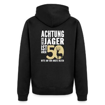 Achtung, dieser Jäger ist 50 - Unisex Premium Bio Zip Hoodie - Schwarz - Hinten - Nico (187cm)