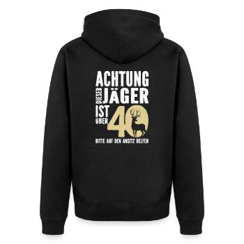 Achtung, dieser Jäger ist 40 - Unisex Premium Bio Zip Hoodie - Schwarz - Hinten - Nico (187cm)