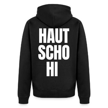 Österreich / Bayern Dialekt Sprüche / Mundart AUT - Unisex Premium Bio Zip Hoodie - Schwarz - Hinten - Nico (187cm)
