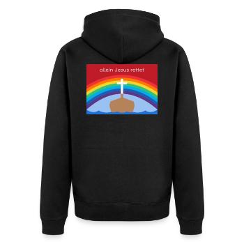 Allein Jesus rettet –Christliches Regenbogen-Motiv - Unisex Premium Bio Zip Hoodie - Schwarz - Hinten - Nico (187cm)