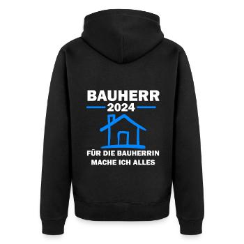 Bauherr 2024 Hausbau Häuslebauer Geschenk - Unisex Premium Bio Zip Hoodie - Schwarz - Hinten - Nico (187cm)