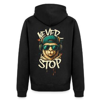 Llama DJ Never Stop - Unisex Premium Bio Zip Hoodie - Schwarz - Hinten - Nico (187cm)