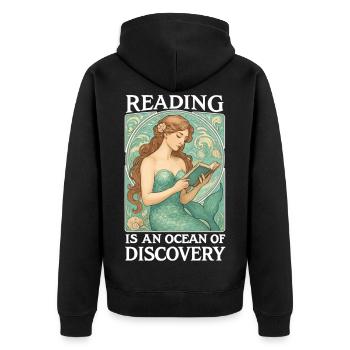 Lesende Meerjungfrau im Ozean der Bücher - Unisex Premium Bio Zip Hoodie - Schwarz - Hinten - Nico (187cm)