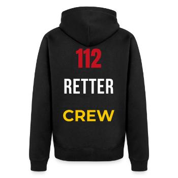 112 Retter Crew – Feuerwehr & Blaulicht Team - Unisex Premium Bio Zip Hoodie - Schwarz - Hinten - Nico (187cm)