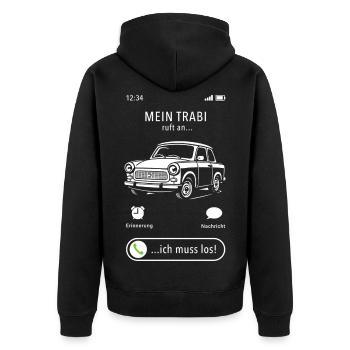 Mein Trabi ruft an - ich muss los - Spruch - Unisex Premium Bio Zip Hoodie - Schwarz - Hinten - Nico (187cm)
