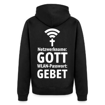 Verbinde dich mit Gott - Gebet WLAN - Unisex Premium Bio Zip Hoodie - Schwarz - Hinten - Nico (187cm)