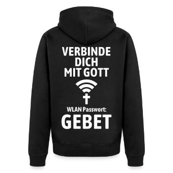Verbinde dich mit Gott - Gebet WLAN - Unisex Premium Bio Zip Hoodie - Schwarz - Hinten - Nico (187cm)
