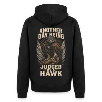 Falknerei Falkner Judged By A Hawk - Unisex Premium Bio Zip Hoodie - Schwarz - Hinten - Nico (187cm)