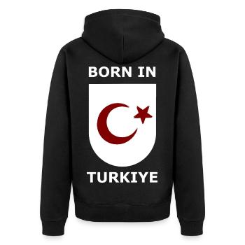 Born in Türkiye Shield - Unisex Premium Bio Zip Hoodie - Schwarz - Hinten - Nico (187cm)
