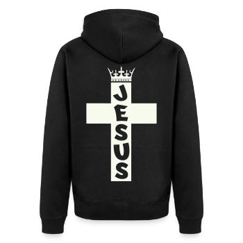 Jesus Kreuz Krone Grafik - Unisex Premium Bio Zip Hoodie - Schwarz - Hinten - Nico (187cm)