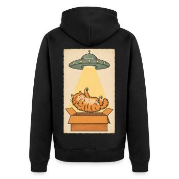 Schlafende Katze im UFO Strahl - Unisex Premium Bio Zip Hoodie - Schwarz - Hinten - Nico (187cm)
