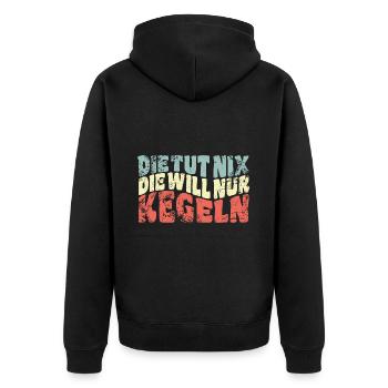 Die tut nix, die will nur kegeln - Spruch - Unisex Premium Bio Zip Hoodie - Schwarz - Hinten - Nico (187cm)