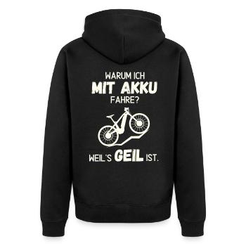 Warum ich mit Akku fahre? - Unisex Premium Bio Zip Hoodie - Schwarz - Hinten - Nico (187cm)