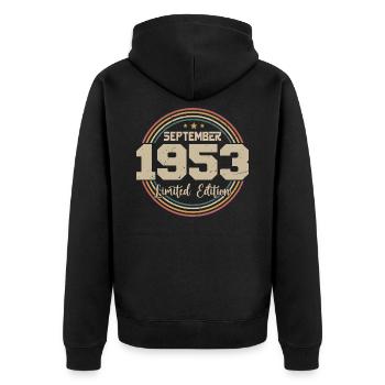 September 1953 Geburtstagsgeschenk 1953 - Unisex Premium Bio Zip Hoodie - Schwarz - Hinten - Nico (187cm)