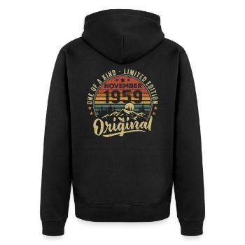 Jahrgang November 1959 Retro Geschenk November 1959 - Unisex Premium Bio Zip Hoodie - Schwarz - Hinten - Nico (187cm)