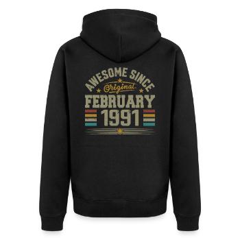 Février 1991 Cadeau 34e Anniversaire, Février 1991 - Veste à capuche bio Premium Unisexe - noir - Dos - Nico (187cm)