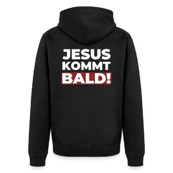 Jesus Christus kommt bald - Christliches Shirt - Unisex Premium Bio Zip Hoodie - Schwarz - Hinten - Nico (187cm)