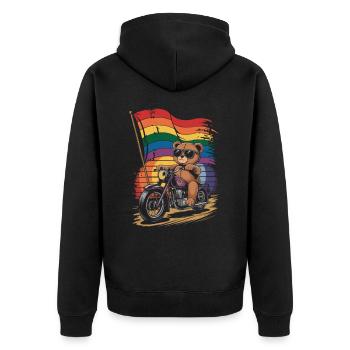 Teddy Bear Rides Motorcycle LGBTQ Rainbow Banner - Unisex Premium Organic Zip Hoodie - black - Back - Nico (187cm)