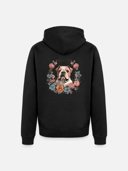 Englische Bulldogge mit Blumen - Unisex Premium Bio Zip Hoodie - Schwarz