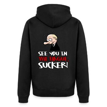See you in The Hague, sucker! - Unisex Premium Bio Zip Hoodie - Schwarz - Hinten - Nico (187cm)