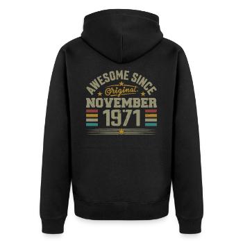 November 1971 Geburtstagsgeschenk | November 1971 - Unisex Premium Bio Zip Hoodie - Schwarz - Hinten - Nico (187cm)