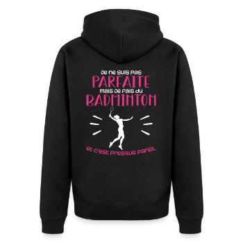 Ich bin nicht perfekt, aber ich spiele Badminton - Unisex Premium Bio Zip Hoodie - Schwarz - Hinten - Nico (187cm)