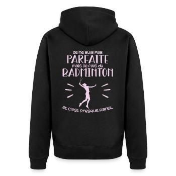 Ich bin nicht perfekt, aber ich spiele Badminton - Unisex Premium Bio Zip Hoodie - Schwarz - Hinten - Nico (187cm)