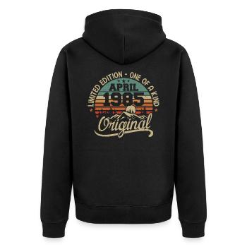 Jahrgang April 1985 - Original Geschenk April 1985 - Unisex Premium Bio Zip Hoodie - Schwarz - Hinten - Nico (187cm)