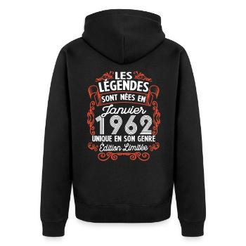 Vintage Flourish Cadeau Anniversaire Janvier 1962 - Veste à capuche bio Premium Unisexe - noir - Dos - Nico (187cm)